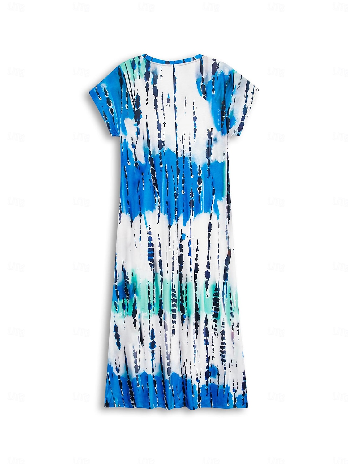 robe longue femme col en V imprimé tie-dye bleu vert blanc fente latérale décontractée plage été fluide confortable polyvalent manches courtes tailles disponibles mode de 2025 ? $51.99 –P6