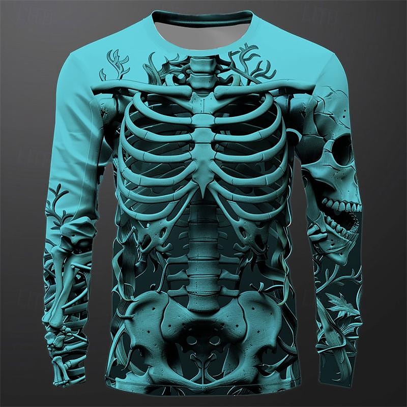2025年 男性用 グラフィック スケルトン Tシャツ 長袖 Tシャツ 3Dプリント クルーネック シャツ ファッション カジュアル サブカルチャー スポーツ・アウトドア 祝日 お出かけ ブラック ホワイト ブルー 春 & 秋 衣類 S M L XL 2XL 3XL  コレクション – $19.99 –P9