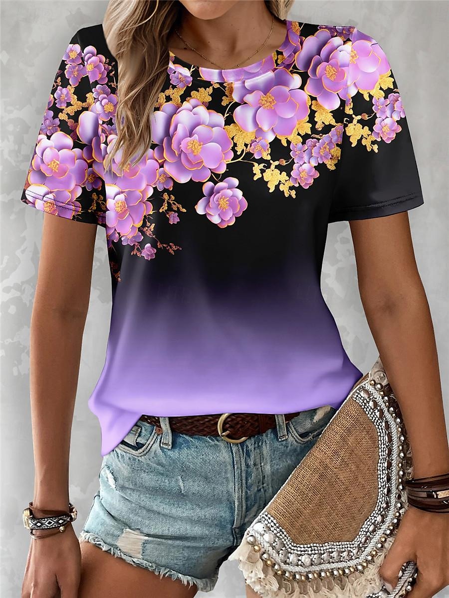 kvinners t-skjorte mote blomsterprint kortermet vanlige topper rund hals daglig helg rosa blå himmelblå lilla sommer 2025 - $19.99 –P5