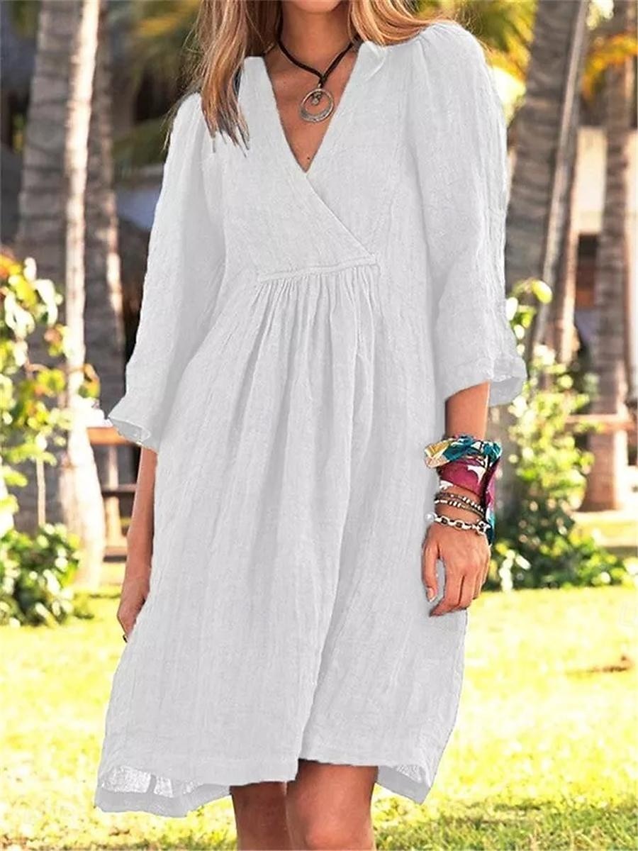 Damen Weiß Blau Braun Sommer Frühling Minikleid Leinen-inspirierte Kleider Weißes Kleid Freizeitkleid Basic Modern Täglich Wochenende Lässiger Schnitt Einfach V Ausschnitt 2025 - $26.99 –P3