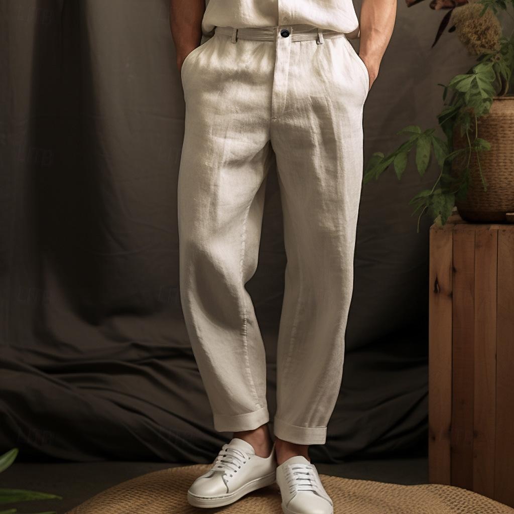 40% Linen Men's Linen Pants Trousers Summer Pants Button Up Pocket Plain Breathable Comfortable Office / Career Daily Vacation Classic Casual Black White 2026 - $33.99 –P1