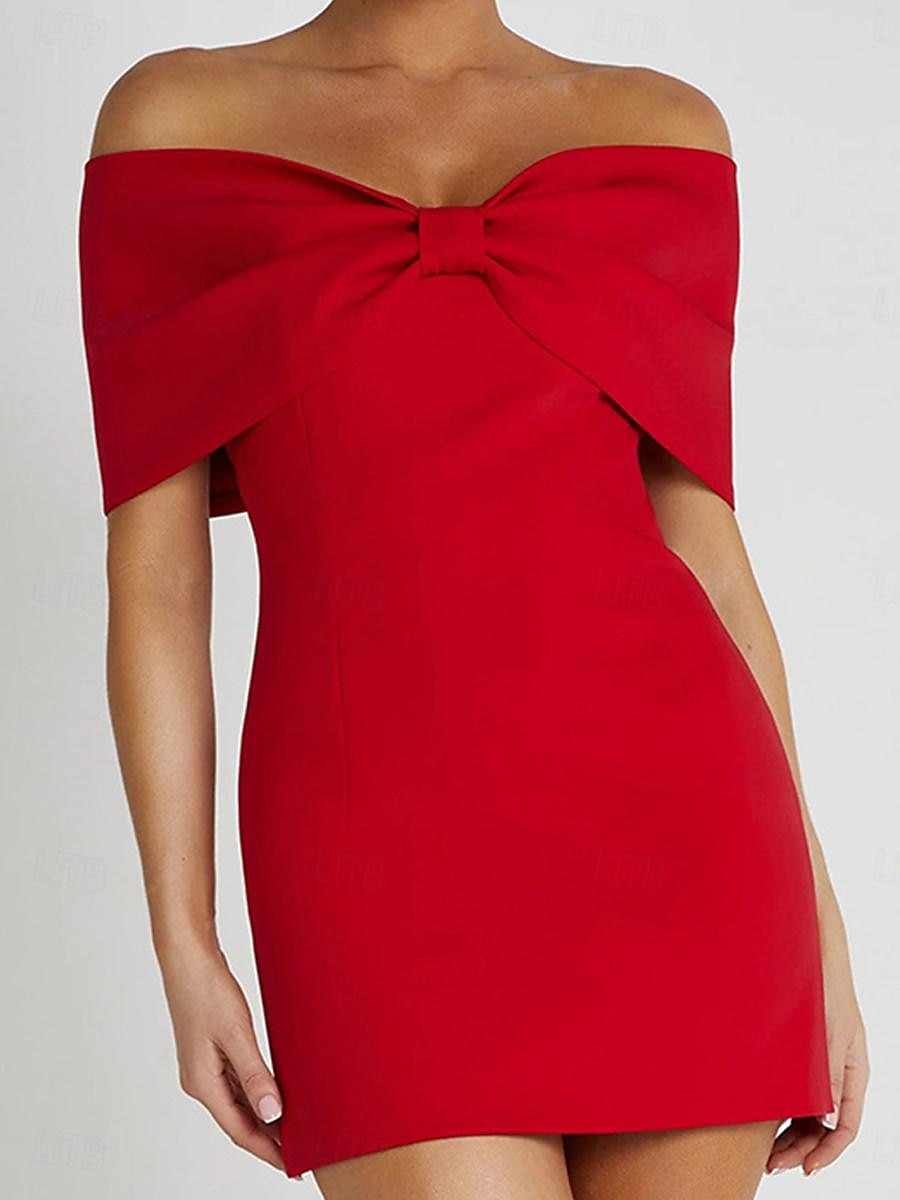 Damen Etuikleid Minikleid Rückenfrei Schleife Hochzeit Party Elegant Ausgefallene Schulterfrei Kurzarm Schwarz Weiß Rote Farbe 2025 - $46.99 –P3