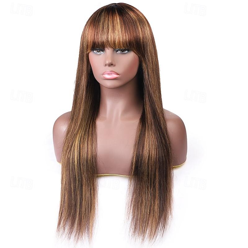 p4/27 Highlight-Perücken aus glattem Echthaar mit Pony, maschinengefertigt, 150 % Dichte, 30,5–66 cm 2025 - $99.99 –P3