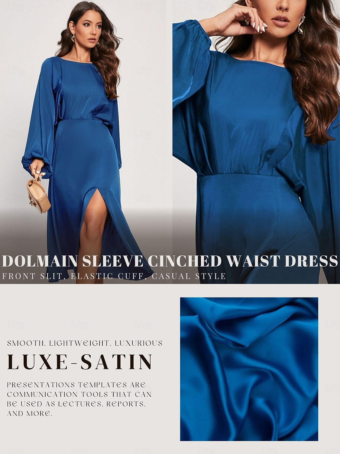 kvinnors gästklänning för bröllop koboltblå elegant cocaktail midiklänning satin dolman långärmad främre slits båthals 2026 - $71.99 –P1