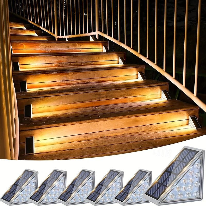 2/6 pezzi luci solari per gradini, luci da esterno triangolari luci solari da ponte ip67 impermeabili luci decorative con accensione automatica per cortile con scale, vialetto, portico, porta d'ingresso, marciapiede, bianco caldo del 2025 a $29.99 –P1