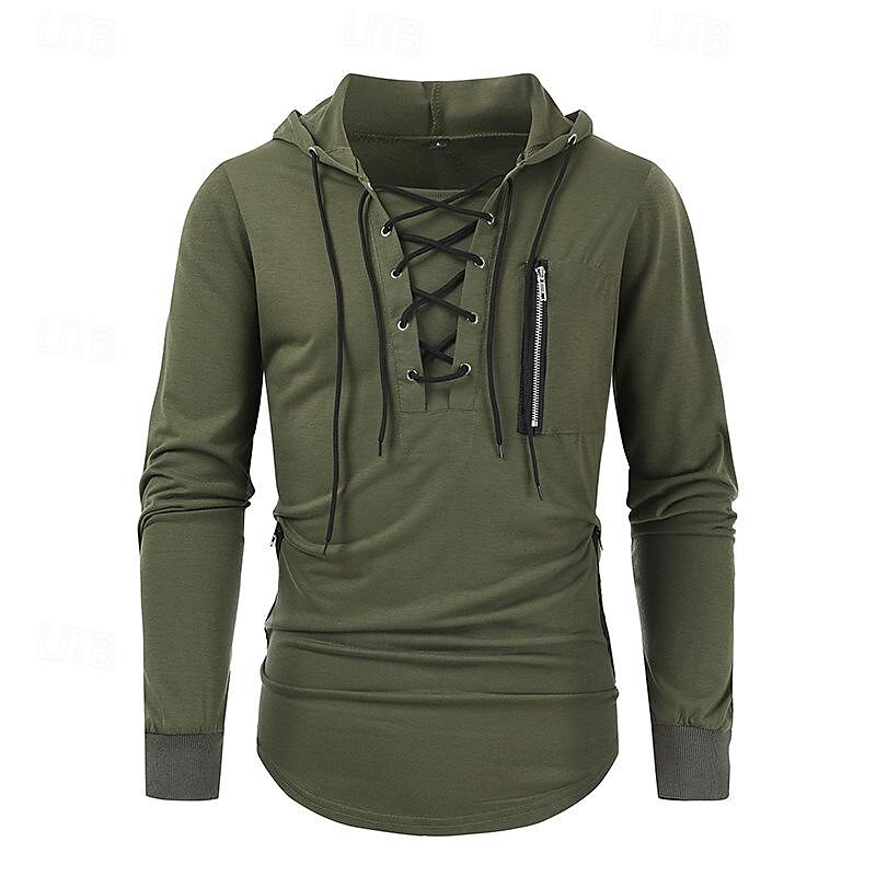 Herren T Shirt T-Shirt Langarmshirt Langarm Mit Kapuze Frühling & Sommer Einfach Mode Designer Basic Schnürung Urlaub Straße Ausgehen Schwarz Braun Grün Top T-Shirt für Herren 2025 - $26.99 –P10