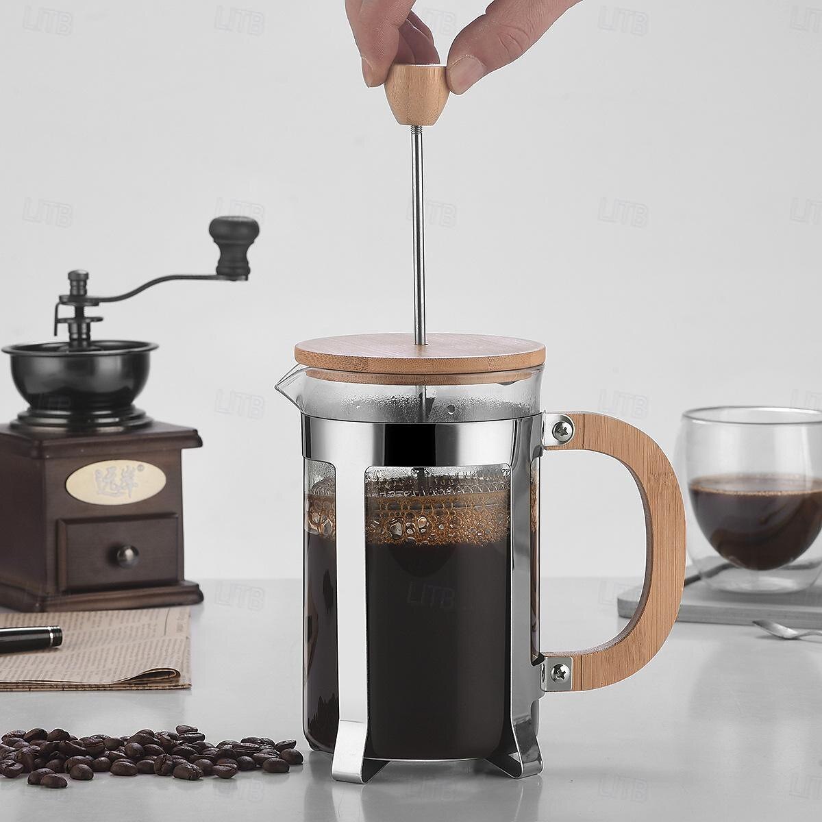 Caffettiera French Press in bambù con doppio filtro, French Press, caffettiera in vetro borosilicato resistente al calore e addensata del 2025 a $24.99 -P2