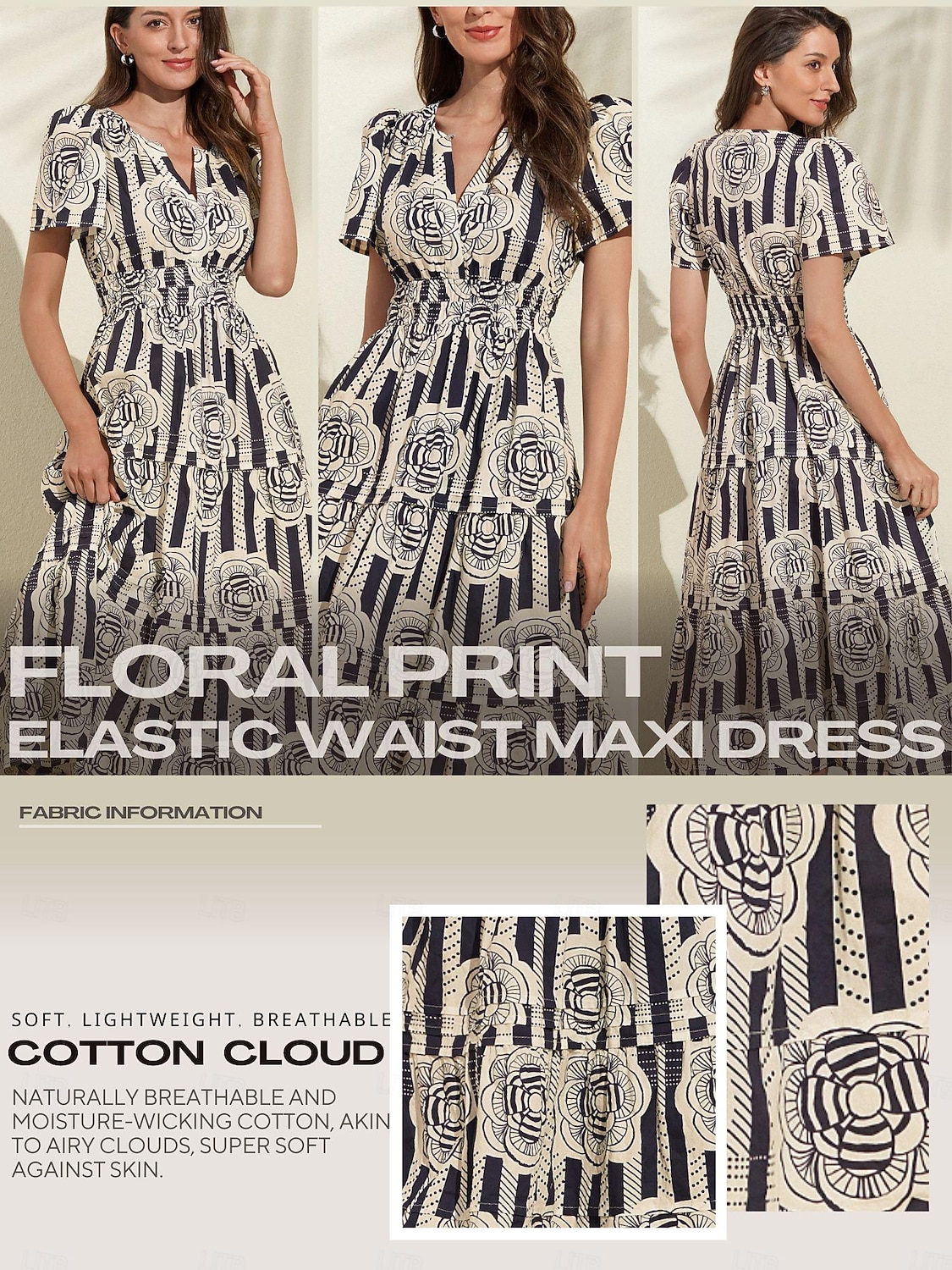 robe fleurie à manches bouffantes et col en V à rayures en coton de 2025 ? $145.99 –P1