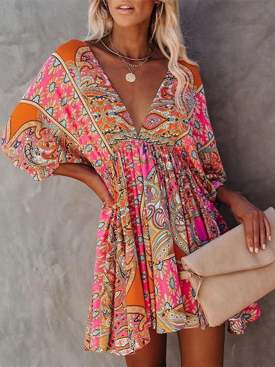 Femme Mini robe Robe Cachemire Robe casual Robes bohème chic robe boheme Bohême Ethnique Trapèze Vacances Plein Air Ample Floral Cachemire Manches 3/4 Col V Fuchsia Eté de 2025 ? $35.99 –P2