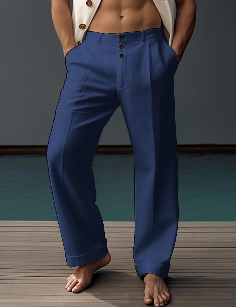 40% Linen Men's Linen Pants Trousers Summer Pants Pocket Buttons Straight Leg Plain Comfortable Breathable Vacation Office / Career Daily Classic Casual Black White 2026 - $35.99 –P4