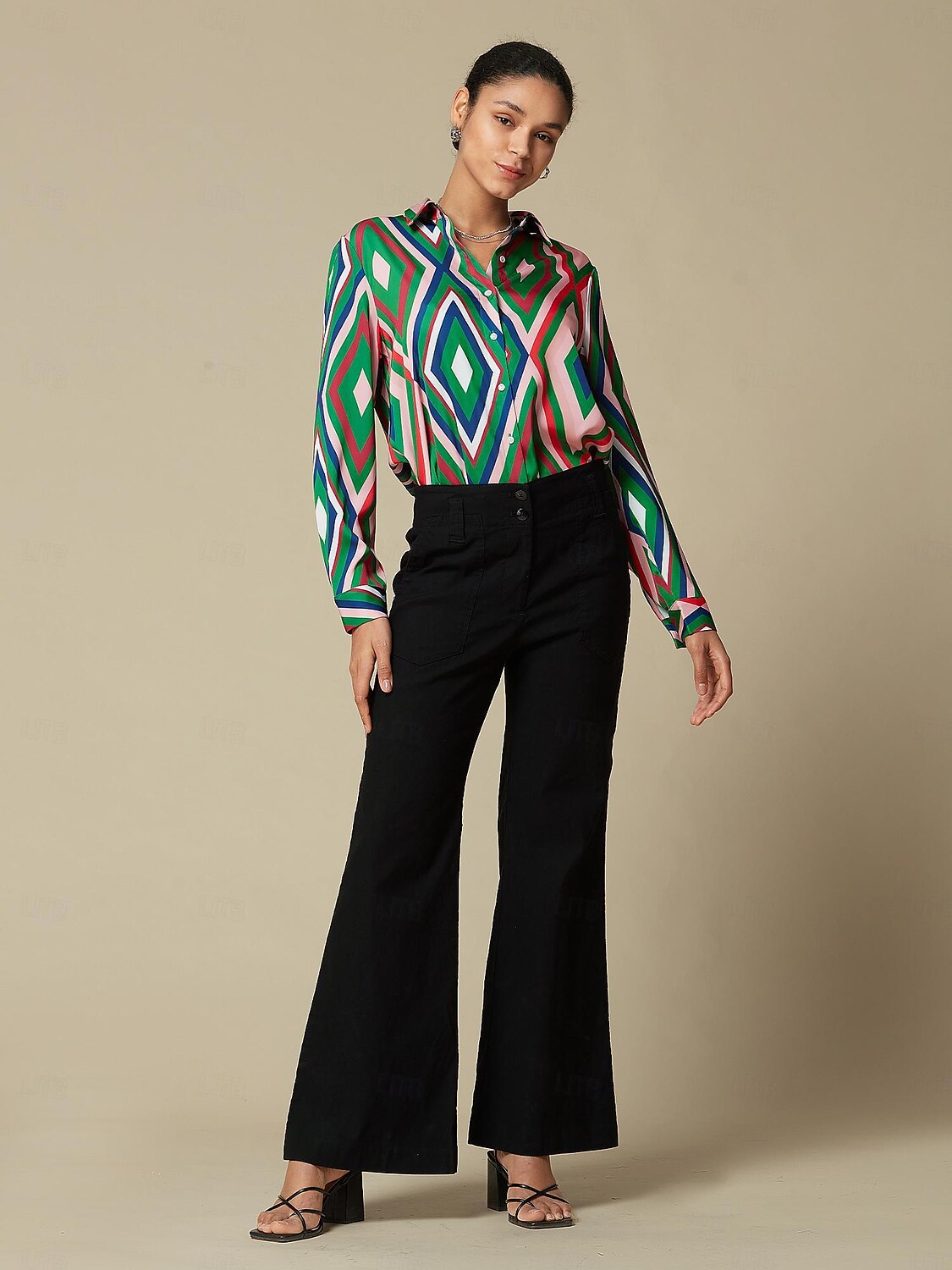 camicia casual con stampa geometrica in raso del 2025 a $5.59 –P6