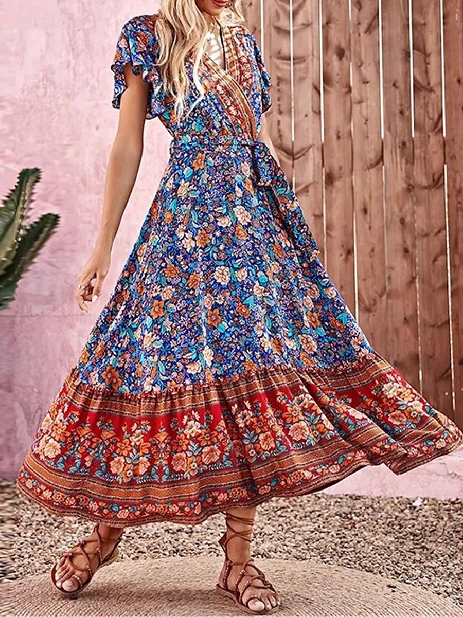 Femme Robe mi-longue Robe casual Robe Évasée Robe Trapèze Robe d'été Bohême Bohème Trapèze Vacances Plein Air Ample Floral Manche Courte Col V Bleu Eté de 2025 ? $41.99 –P4