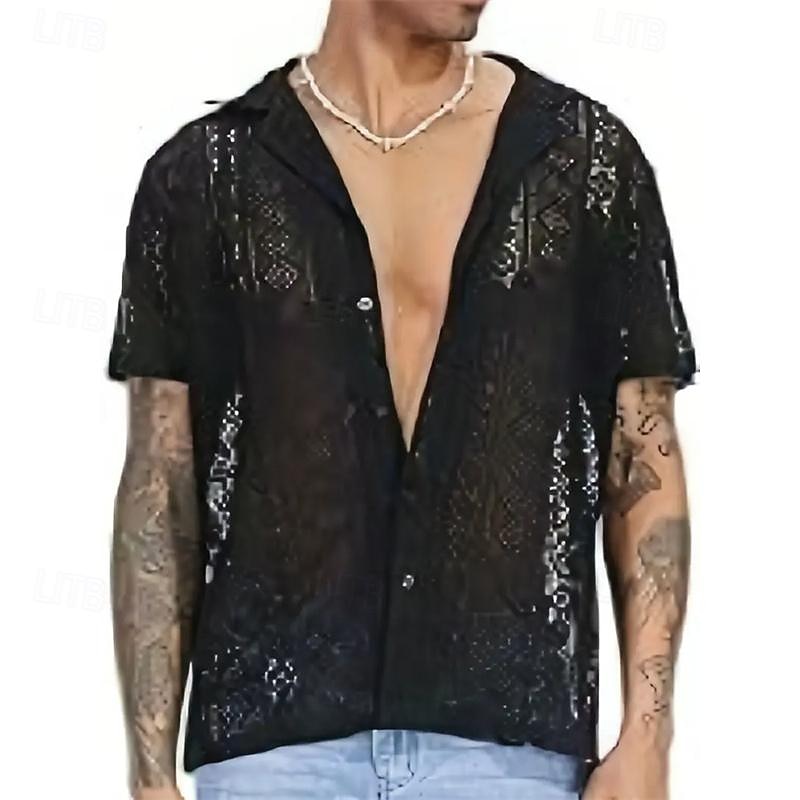 Men's Summer Shirt Casual Shirt Button Up Shirt Black White Short Sleeve Plain Argyle Camp Collar Vacation Holiday Lace Clothing Apparel Polyester Fashion Casual Comfortable 2026 - $21.99 –P9