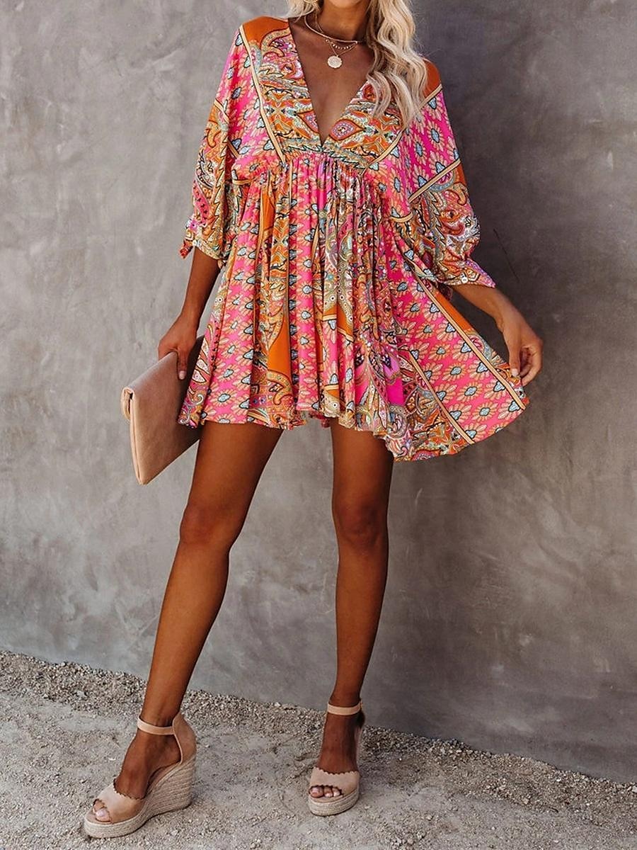 Femme Mini robe Robe Cachemire Robe casual Robes bohème chic robe boheme Bohême Ethnique Trapèze Vacances Plein Air Ample Floral Cachemire Manches 3/4 Col V Fuchsia Eté de 2025 ? $35.99 –P3