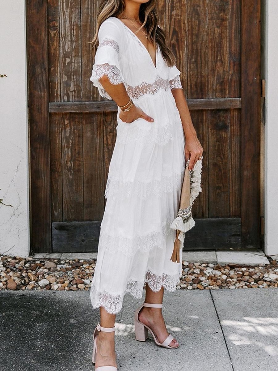 Women's White Dress Long Dress Maxi Dress Lace with Sleeve Wedding Date Vacation Elegant Bohemia V Neck Half Sleeve Black Pink Color 2025 - $63.99 –P3