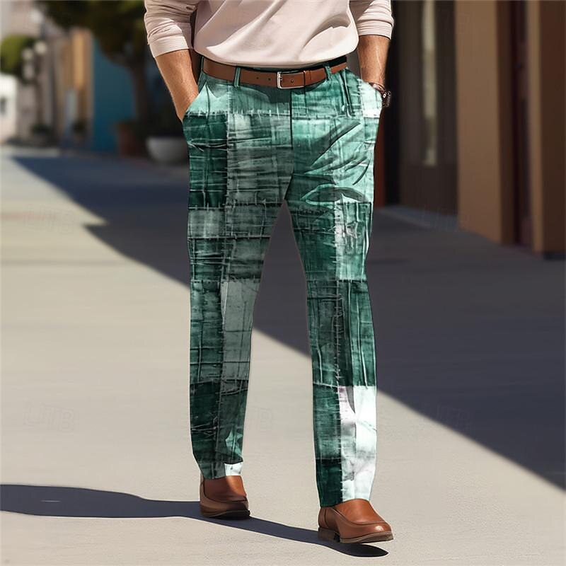Farbblock-Geometrie, Business-Casual, Herren-Business-Anzughose mit 3D-Druck, flache Vorderseite, gerades Bein, entspannte Passform, Polyester-Hose, Outdoor, Streetwear, für die Arbeit, 2025 - $29.99 –P3