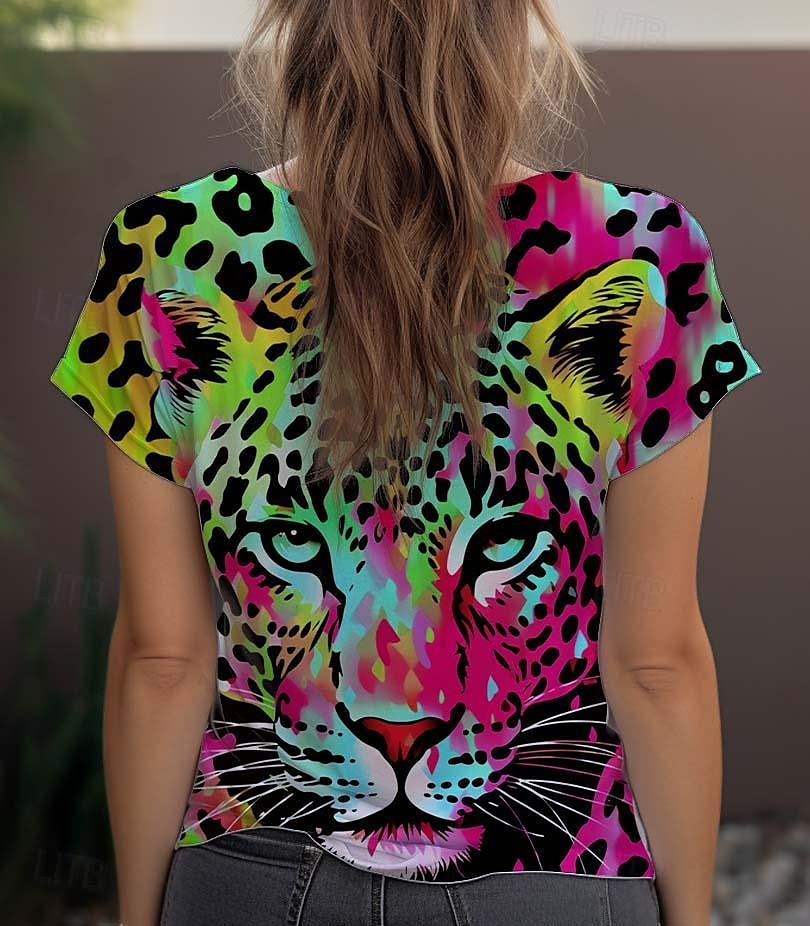 Femme T shirt Léopard Mode Manche Courte Col Ras du Cou Hauts réguliers du quotidien Fin de semaine Imprimer Bleu Violet Fuchsia Vert Gris Eté de 2025 ? $19.99 –P6