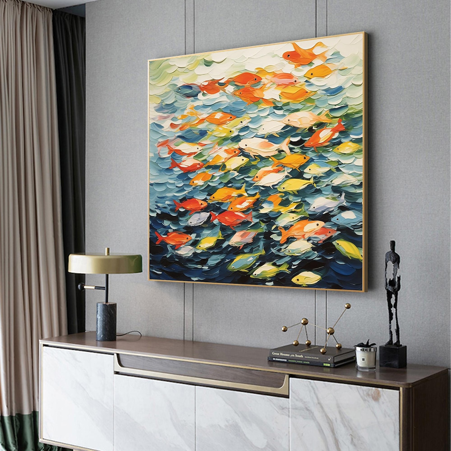 dipinto a olio originale fatto a mano con pesci rossi colorati su tela per la decorazione domestica con cornice allungata/senza cornice interna del 2025 a $161.99 –P2