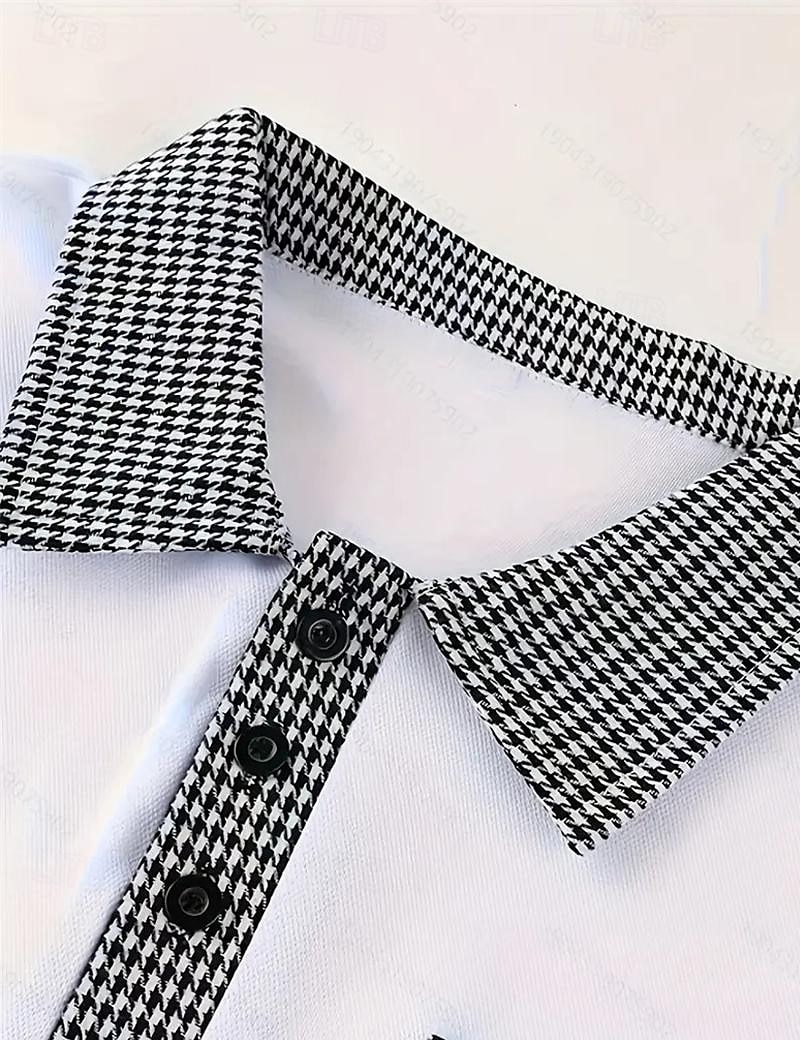 Men's Polo Shirt Golf Shirt Casual Sports Lapel Long Sleeve Fashion Basic Color Block Houndstooth Patchwork Button Spring & Fall Regular Fit White Red Navy Blue Khaki Light Blue Polo Shirt 2025 - $15.49 –P11