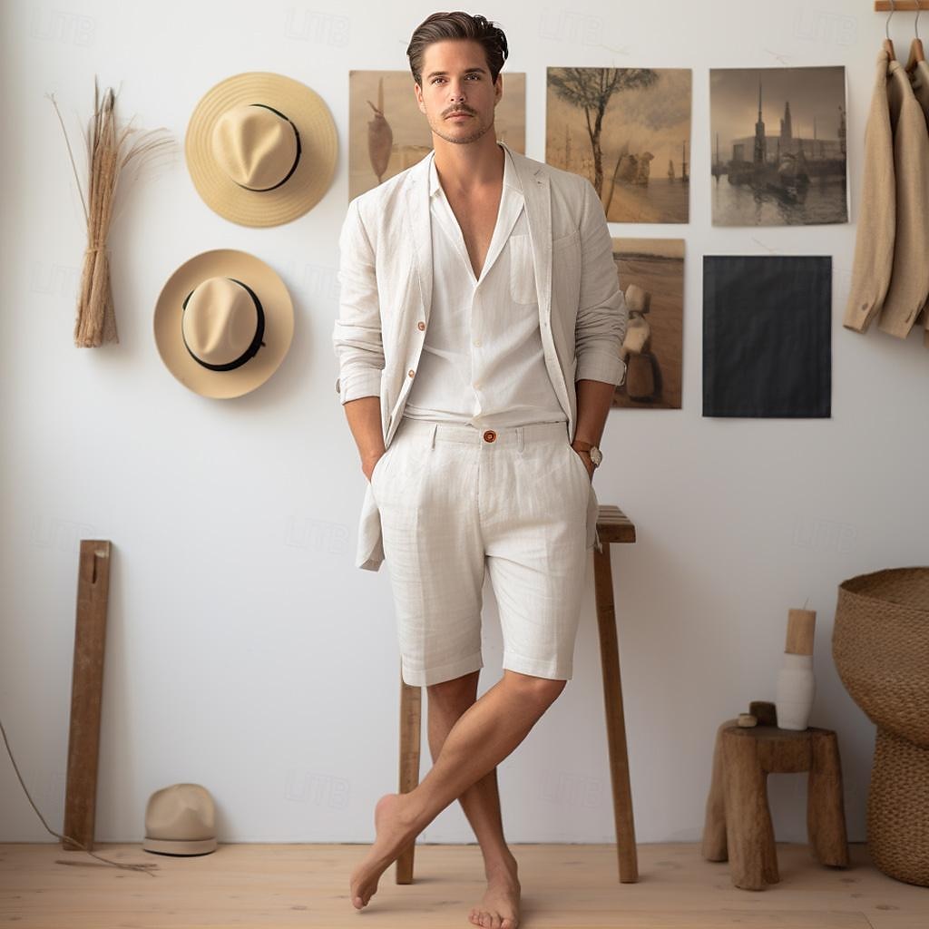40% Linen Men's Shorts Linen Shorts Summer Shorts Button Up Pocket Plain Breathable Comfortable Short Daily Vacation Going out Classic Casual White Navy Blue 2025 - $25.99 –P2