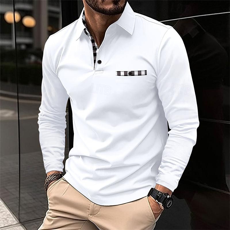 Herren Poloshirt Golfhemd Arbeit Casual Kargen Langarm Basic Modern Plaid Farbblock Patchwork Taste Frühling & Herbst Regular Fit Schwarz Weiß Marineblau Grau Poloshirt 2025 - $18.99 –P1