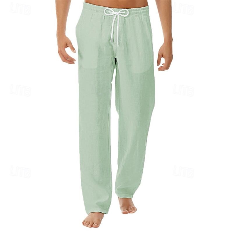 Men's Linen Pants Trousers Summer Pants Drawstring Pocket Elastic Waist Plain Comfort Breathable Daily Vacation Holiday Fashion Classic Style Green Khaki Micro-elastic 2026 - $18.99 –P13