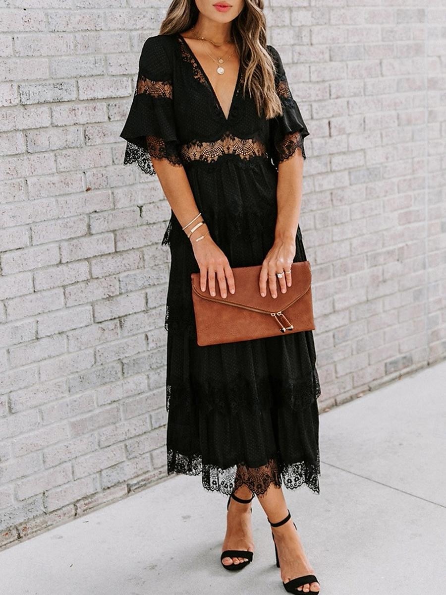 Women's White Dress Long Dress Maxi Dress Lace with Sleeve Wedding Date Vacation Elegant Bohemia V Neck Half Sleeve Black Pink Color 2025 - $63.99 –P6