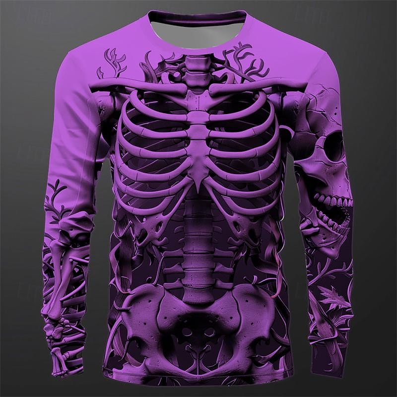 2025年 男性用 グラフィック スケルトン Tシャツ 長袖 Tシャツ 3Dプリント クルーネック シャツ ファッション カジュアル サブカルチャー スポーツ・アウトドア 祝日 お出かけ ブラック ホワイト ブルー 春 & 秋 衣類 S M L XL 2XL 3XL  コレクション – $19.99 –P10