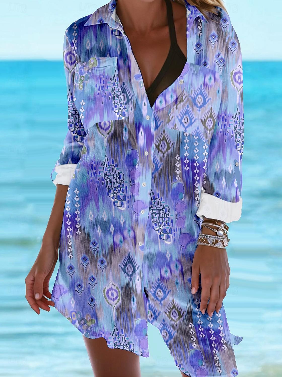 Damen Mini Kleid Hemd Kleid Strandbekleidung Tribal Print Hemd Übergroß Langarm Rollkragen Hoch-Tief Saum Lässig Leicht Frühjahr Sommer Tragen 2025 - $46.99 –P2