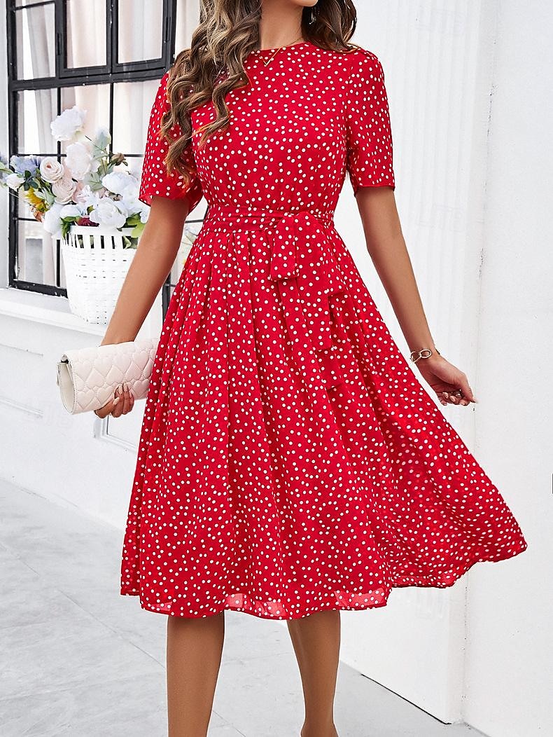 Dames Halflange jurk Casual jurk Zomerjurk Streetwear Vakantie Straat Feestdagen Normale pasvorm Stip Korte mouw Strakke ronde hals Zwart Rood blauw Groen Zomer 2025 - $50.99 -P6