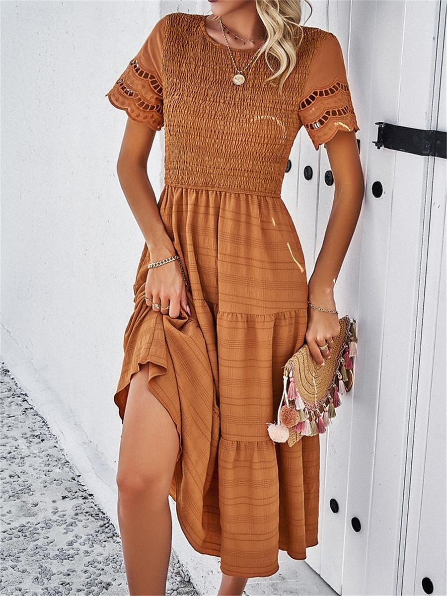 Mulheres Vestido branco Vestido midi Com Transparência Patchwork Encontro Férias Roupa de rua Básico Gola Redonda Manga Curta Preto Branco Marron Cor de 2025 por $52.99 –P8