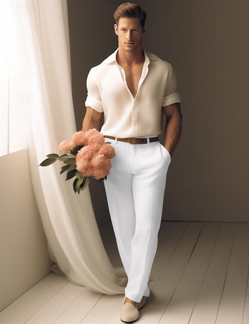 40% Linen Men's Linen Pants Trousers Summer Pants Pocket Straight Leg Plain Breathable Comfortable Office / Career Daily Vacation Classic Casual Black White 2025 - $31.99 –P4