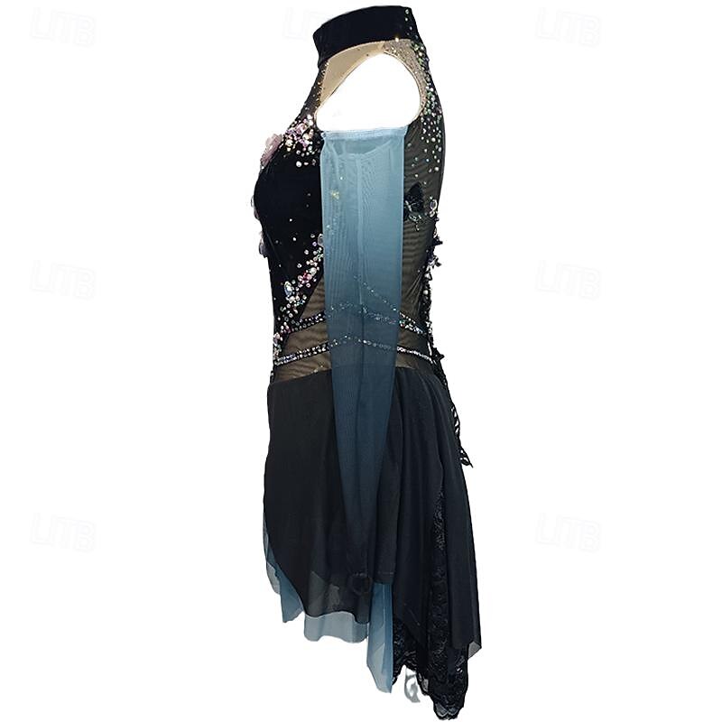 Vestido de patinaje artístico Mujer Chica Patinaje Sobre Hielo Vestidos Azul Negro Retazos Dedo Pulgar Malla Licra Encaje Elástico Entrenamiento Profesional Competición Ropa de Patinaje Cristal 2025 - $189.99 –P8