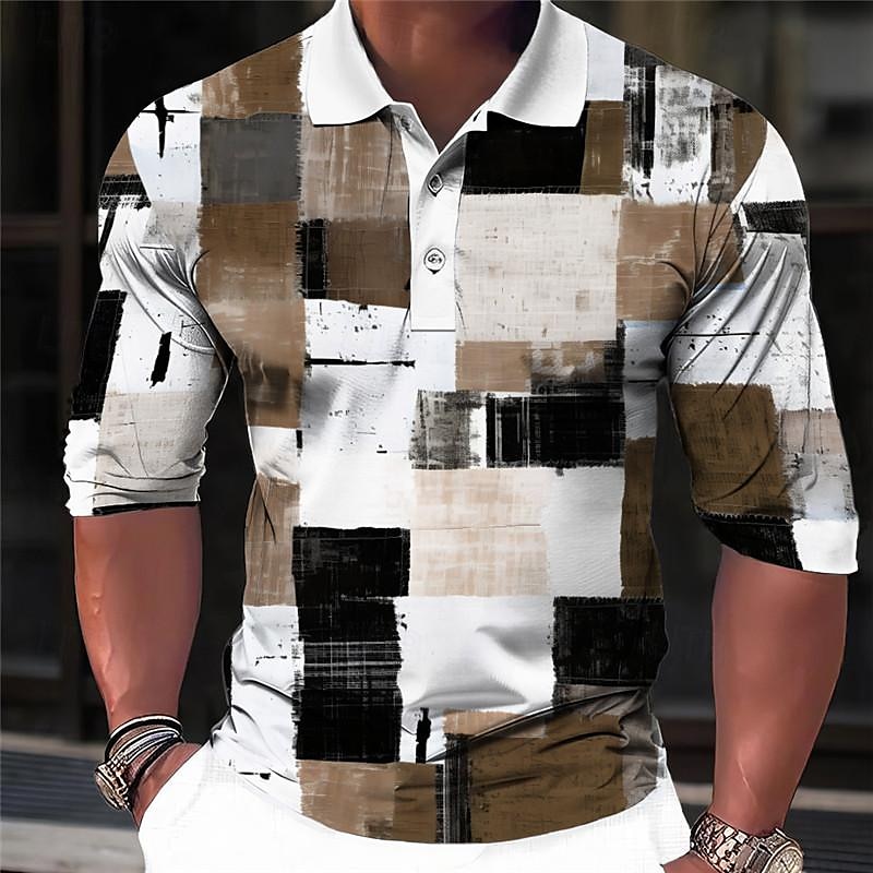 Herren Karomuster Poloshirts Golfshirt Langarm Polo-Shirts Hemden mit Kragen Vintage Lässig Urlaubskleidung Formelle Kleidung Festivalkleidung Knöpfe 3D-Druck Frühling & Sommer Blau Purpur Braun 2025 - $23.99 –P5