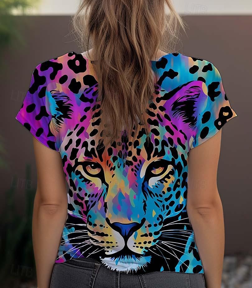 Femme T shirt Léopard Mode Manche Courte Col Ras du Cou Hauts réguliers du quotidien Fin de semaine Imprimer Bleu Violet Fuchsia Vert Gris Eté de 2025 ? $19.99 –P8