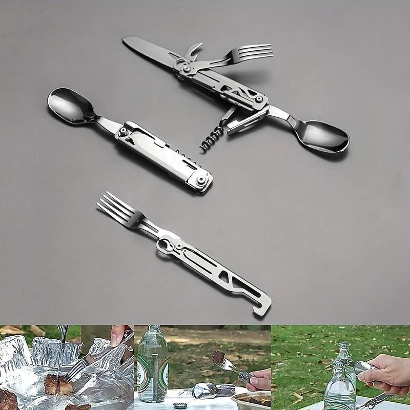 Set di posate multifunzione 5 in 1 in acciaio inossidabile 420 posate portatili da esterno con cucchiaio, coltello, forchetta, lattina staccabili & apri bottiglia del 2025 a $20.99 –P3