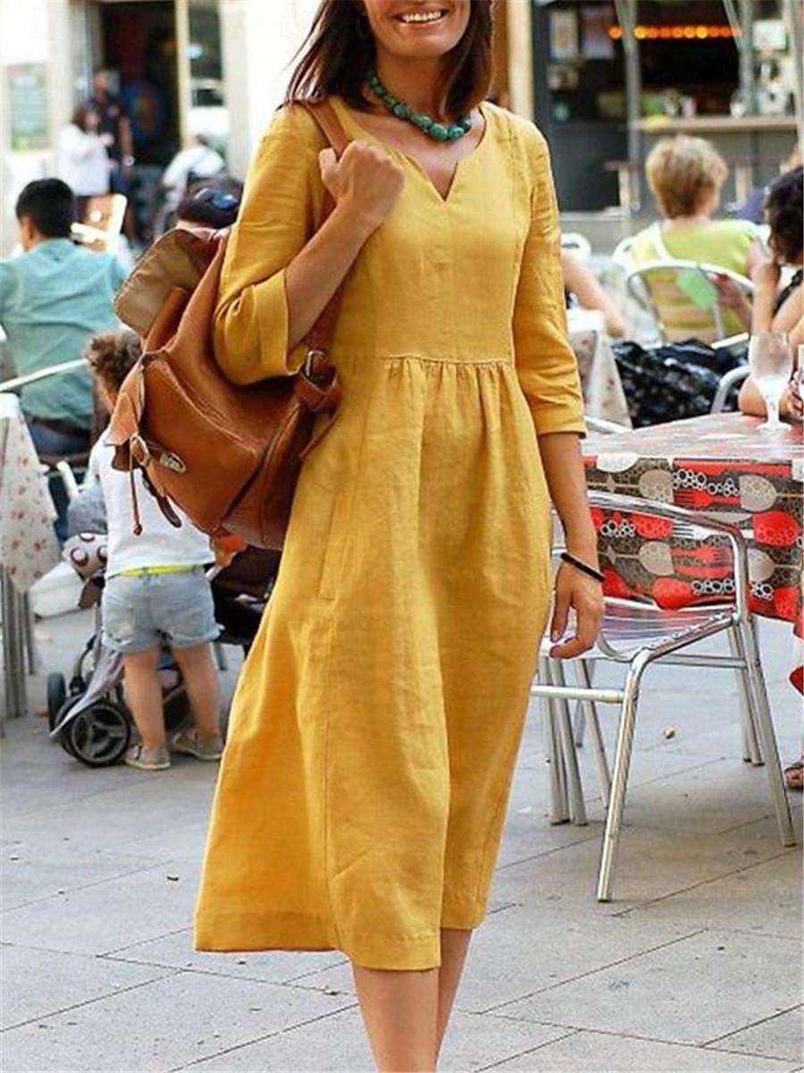 Femmes Jaune Rose Claire Rouge Été Printemps Robe Midi Robes inspirées du lin Robe Décontractée Basique Moderne Quotidien Week-end Coupe régulière Uni Col en V de 2025 ? $26.99 –P2