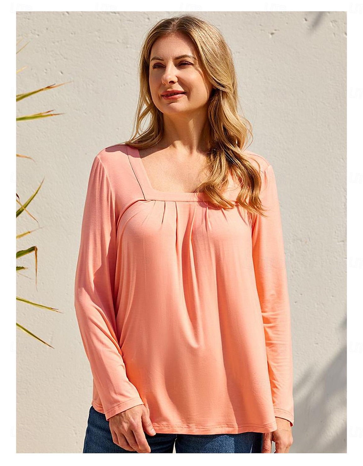 Damen T Shirt Burgunderrotes T-Shirt Elegante Oberteile Glatt Täglich Basic Strand Design Langarm Quadratischer Ausschnitt Normale Oberteile Casual Weißer langer Ärmel Blauer Langarm Schwarzer 2025 - $4.79 –P6