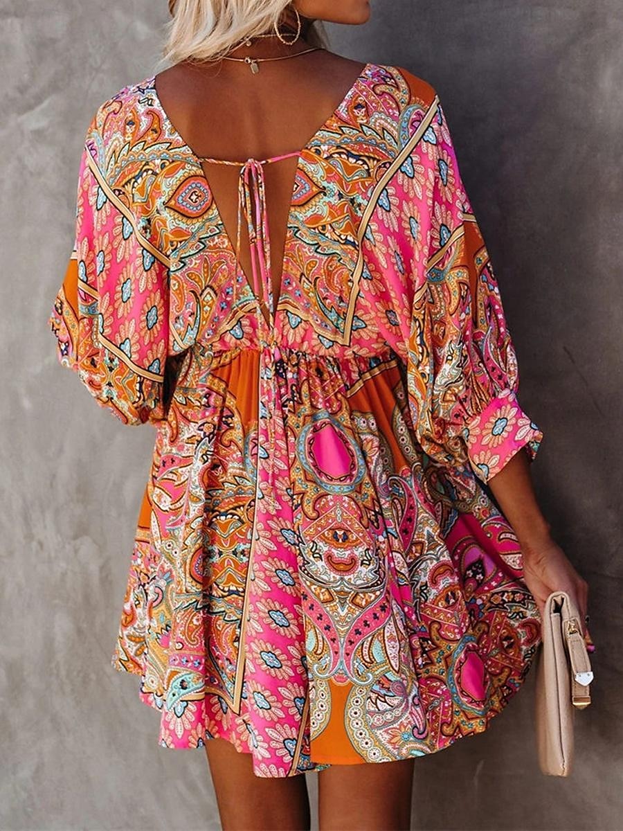 Femme Mini robe Robe Cachemire Robe casual Robes bohème chic robe boheme Bohême Ethnique Trapèze Vacances Plein Air Ample Floral Cachemire Manches 3/4 Col V Fuchsia Eté de 2025 ? $35.99 –P1