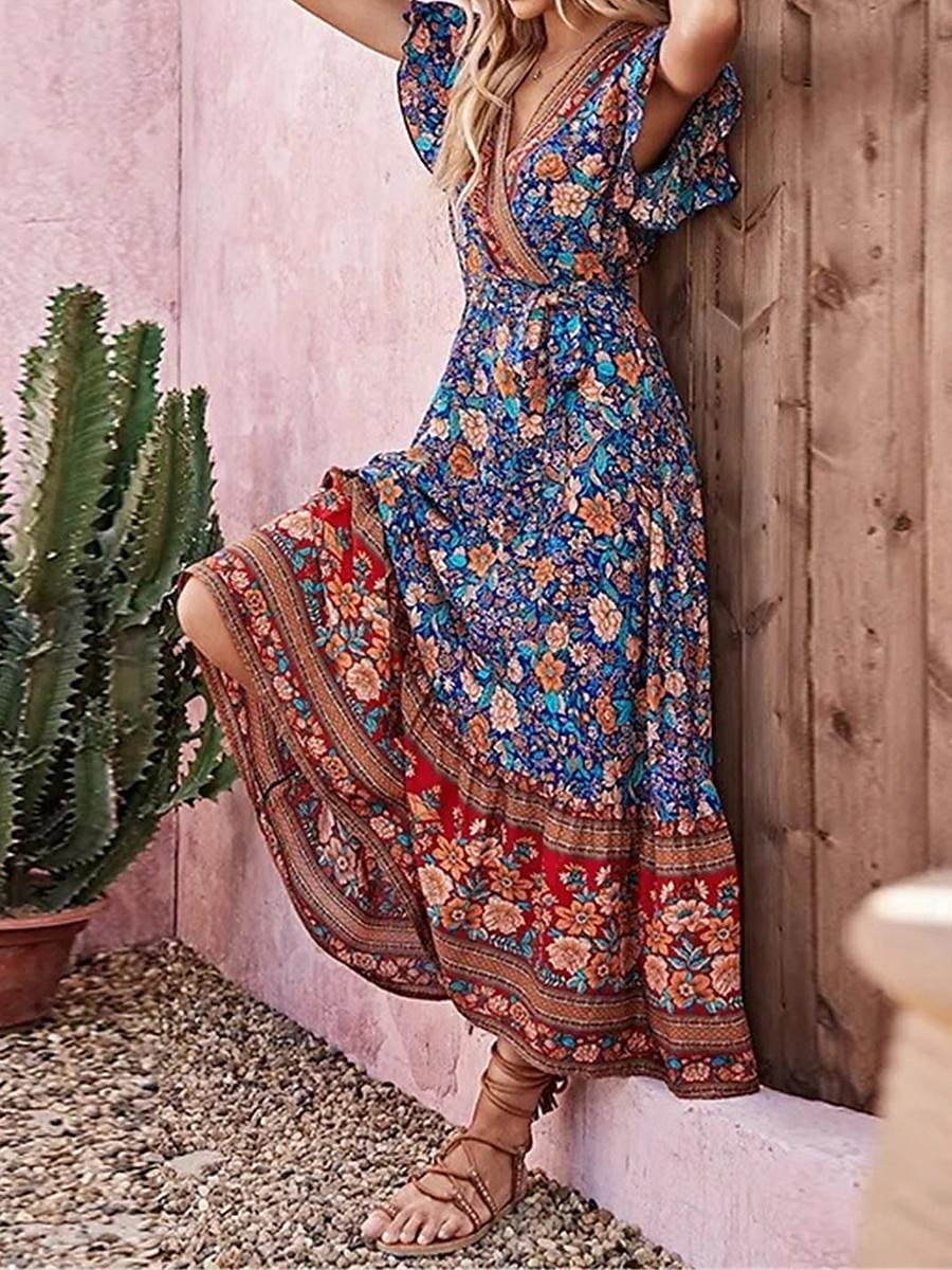 Femme Robe mi-longue Robe casual Robe Évasée Robe Trapèze Robe d'été Bohême Bohème Trapèze Vacances Plein Air Ample Floral Manche Courte Col V Bleu Eté de 2025 ? $41.99 –P3