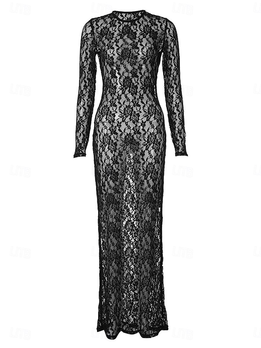 Pentru femei Rochie albă Rochie Lunga Rochie Maxi Dantelă Peteci Dată Vacanță Șic Stradă Maxi Rotund Manșon Lung Negru Alb Culoare 2025 - $33.99 –P16