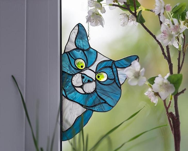 tentures de fenêtre de chat, attrape-soleil de chat en verre teinté fait à la main, cintre de fenêtre de chat mignon en vitrail furtivement attrape-soleil chat acrylique vitrail cintre de fenêtre de chat pour les amoureux des chats de 2025 ? $9.49 –P1