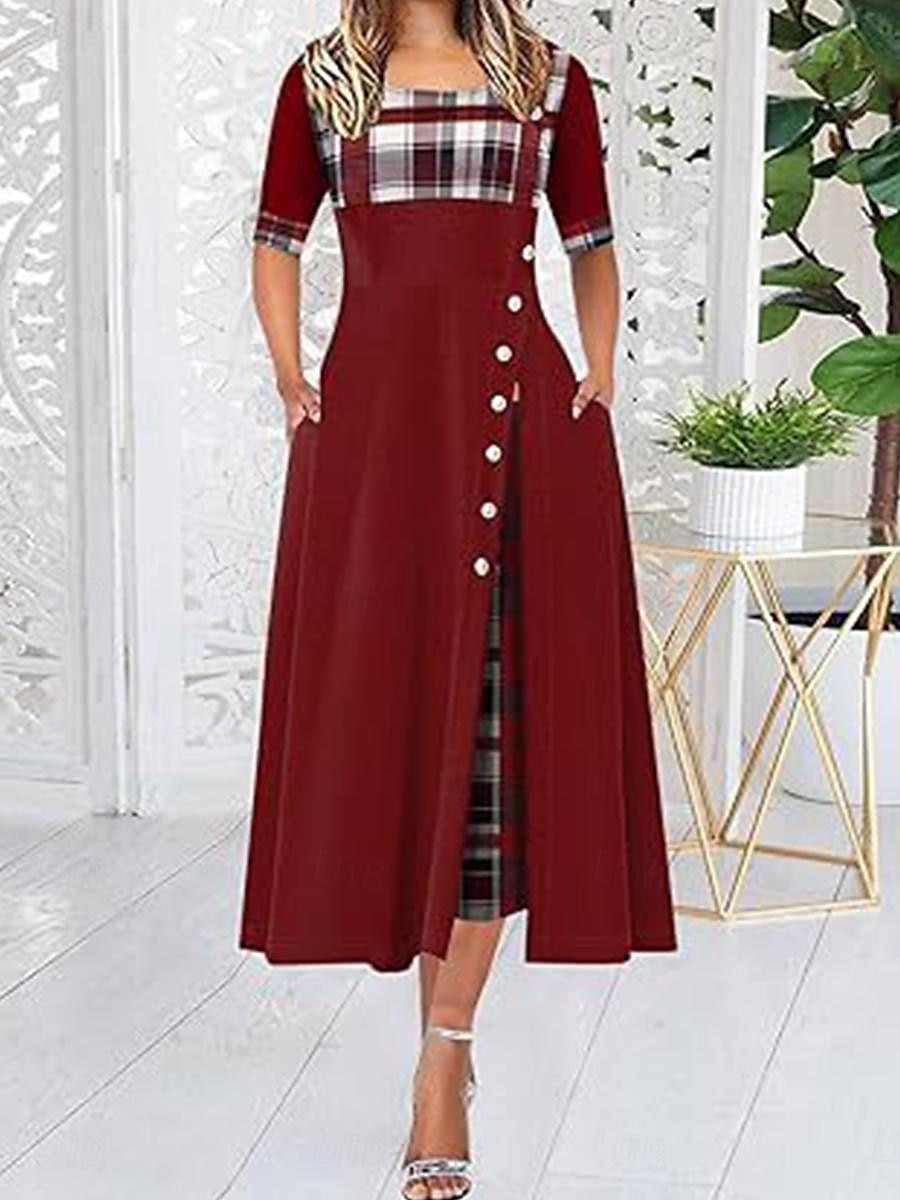Women's Midi Dress Elegant Dress Elegant Stylish Vacation Party Regular Fit Plaid Short Sleeve Crew Neck Black Yellow Wine Purple Summer Spring 2025 - $41.99 –P3