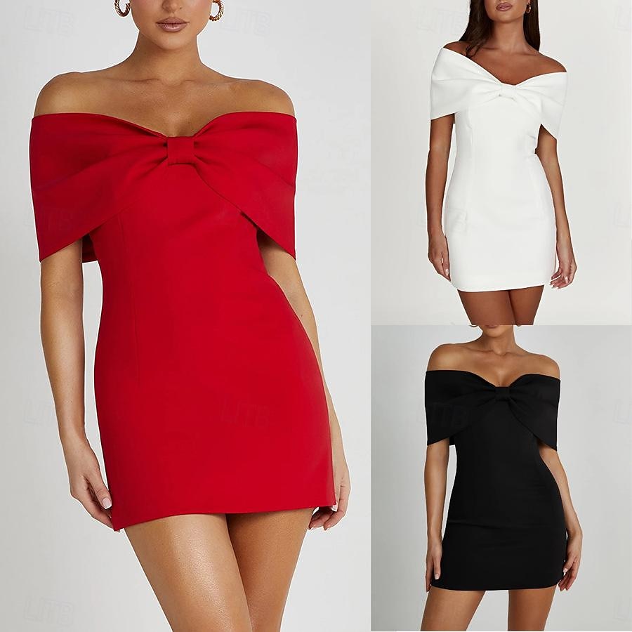 Damen Etuikleid Minikleid Rückenfrei Schleife Hochzeit Party Elegant Ausgefallene Schulterfrei Kurzarm Schwarz Weiß Rote Farbe 2025 - $46.99 –P1