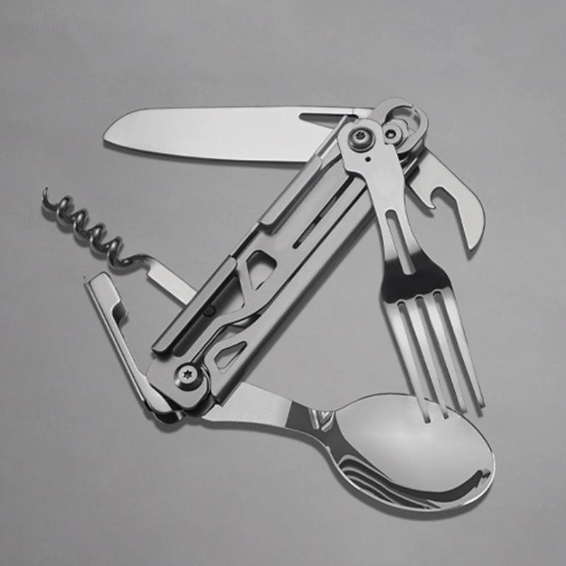 Set di posate multifunzione 5 in 1 in acciaio inossidabile 420 posate portatili da esterno con cucchiaio, coltello, forchetta, lattina staccabili & apri bottiglia del 2025 a $20.99 –P2