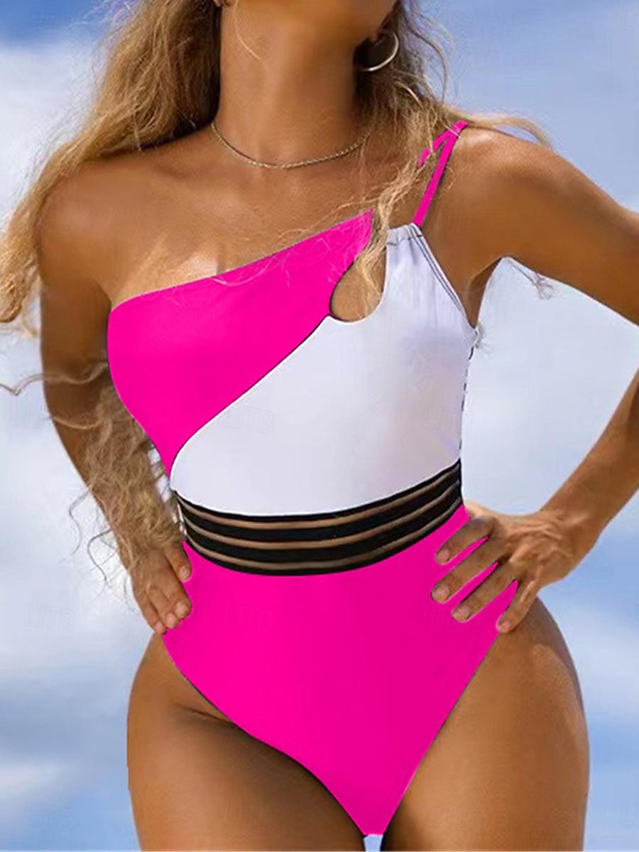 Damen normaler Badeanzug tropisch geometrisch ärmellos V-Bügel offener Rücken Druck Party Urlaub Regular Fit Leopard schwarz weiß Sommer 2025 - $19.99 –P20