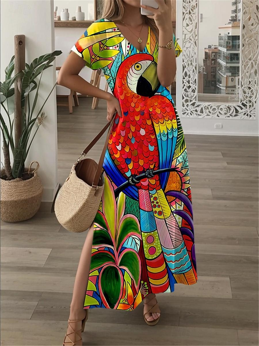 Naisten maksimekko rento mekko kesämekko keikausmekko katumuoti havaiji maksimekko laskettu olkapää loma katu loma löysä istuvuus kukkaeläin lyhyet hihat v-kaula-auko vaaleanpunainen punainen kesä 2026 - $27.99 –P4