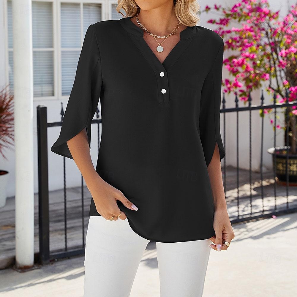 Overhemd Blouse Dames Zwart Wit Blozend Roze Effen Kleur nappi Straat Dagelijks Modieus V-hals S 2025 - $29.99 –P7
