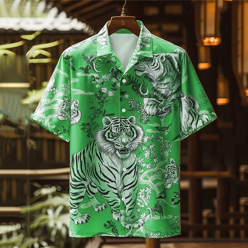 Herren Tiger Knopfhemd Bedruckte Hemden Kurzarm Subkulturell Party Strasse Festtage Sommer Umlegekragen Tasche Bedruckt Button-Down Blau Orange Grün 2026 - $25.99 –P3