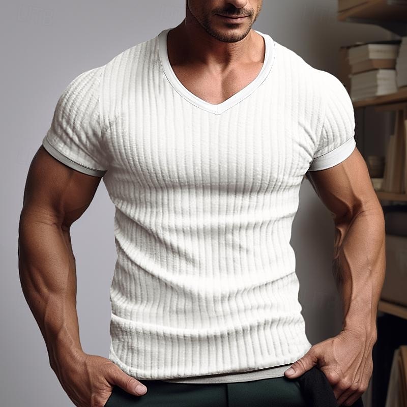 Pánské Tričko Tričko s žebrovaným úpletem Tričko Top Krátké rukávy Do V Léto Bez vzoru Pit Strip Módní Designové Základní Dovolená ulice Jdeme ven Černá Bílá Khaki Top tričko pro muže 2025 - $17.99 –P1